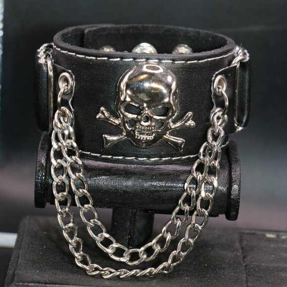 Source Unknown Other - Black Leather Cuff Bracelet with Metallic Skull and Crossbones With Chains